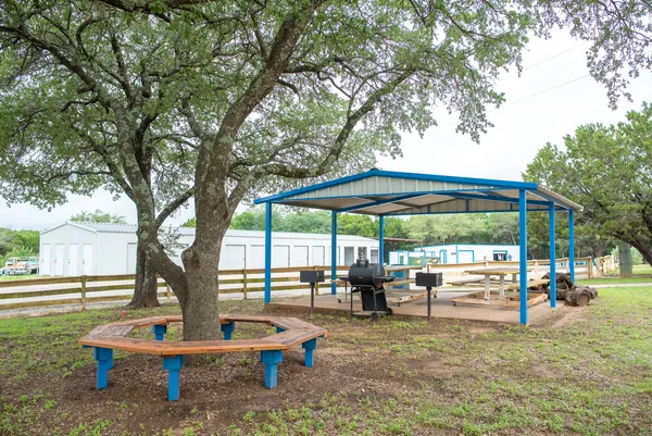Covered pavilion and a bench built around an oak tree